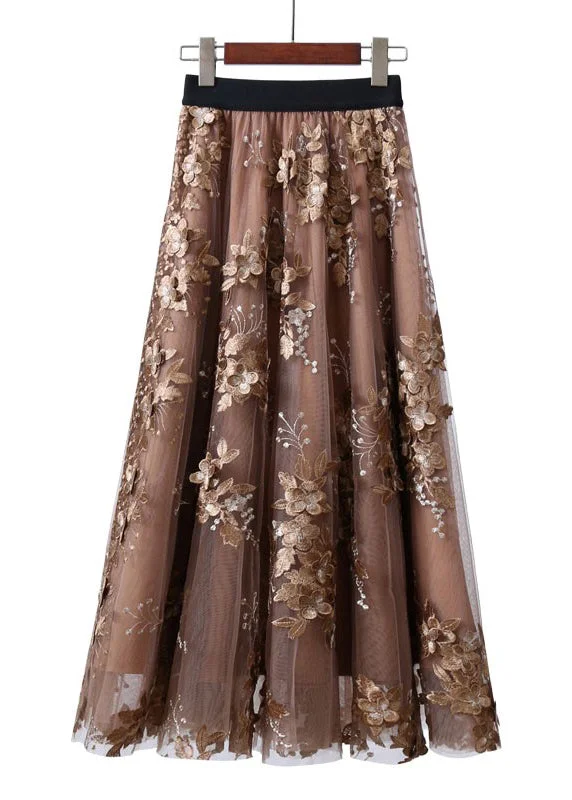 Unique Chocolate Embroideried Floral High Waist Tulle Skirt Summer Side-tie unclassified skirts