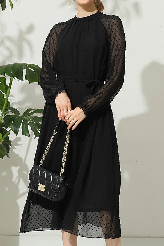 TIED WAIST LONG RUFFLED SLEEVE DOT MESH DRESS Trendy maxi dresses under $50