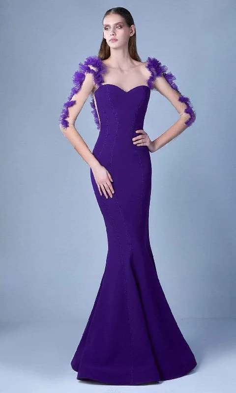 MNM Couture - G1094 Ruffle Ornate Illusion Mermaid Gown Minimalist party dresses