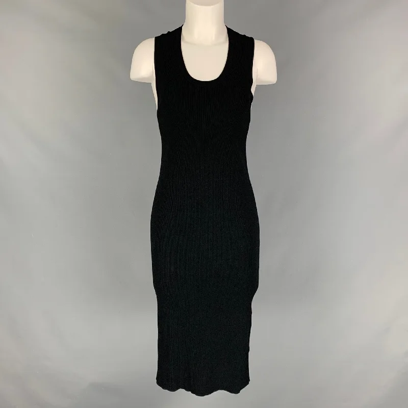 HELMUT LANG Size L Black Ribbed Twisted Back Tank Dress Pleated Tank Dress