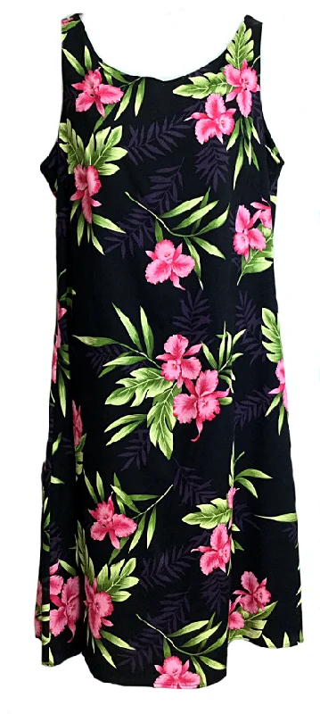 Short Tank Strap Hawaiian Dress Orchid Fern Black-902R Spaghetti Strap Dress