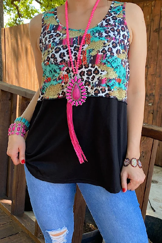 XCH12423 Leopard & multi color serape black color block tank top Chic Tank Dress