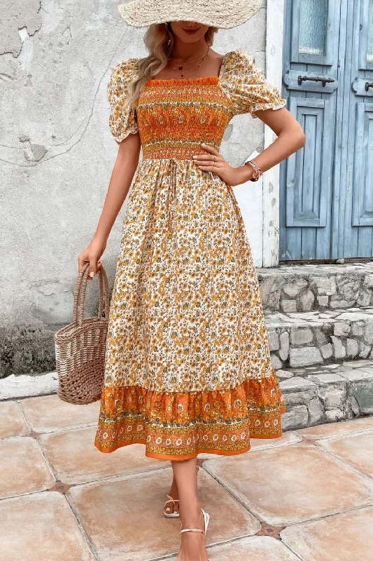 Bohemian Square Neck Puff Sleeve Dress Bold pattern unclassified dresses