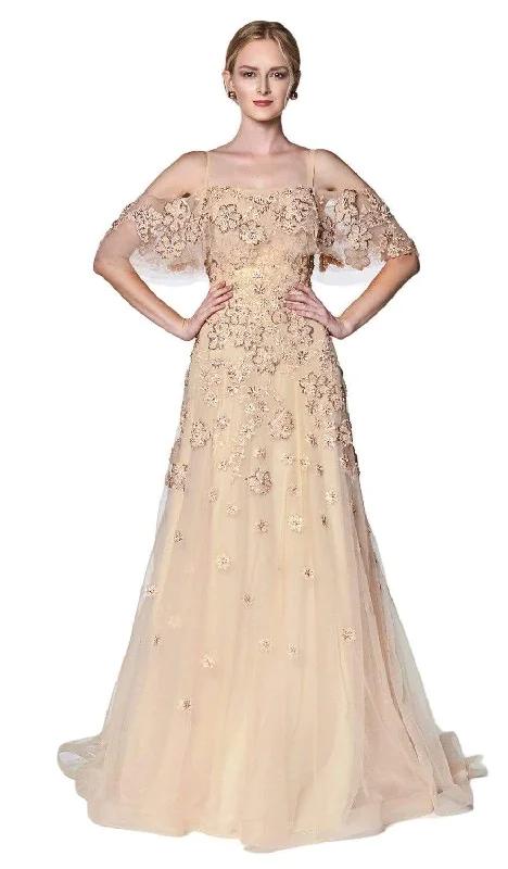 Cinderella Divine - CK896 Floral Embellished Off-Shoulder A-line Gown Lace floral dresses