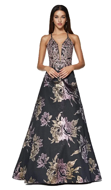 Cinderella Divine - ML924 Floral Plunging V-Neck Evening Gown Chiffon floral dresses