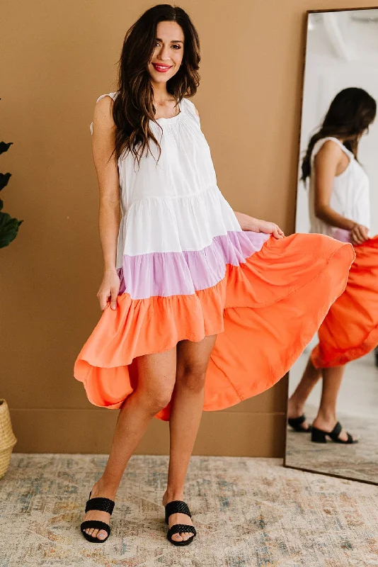 Color Block Ruffle Hem Tiered High-Low Dress Backless unclassified dresses