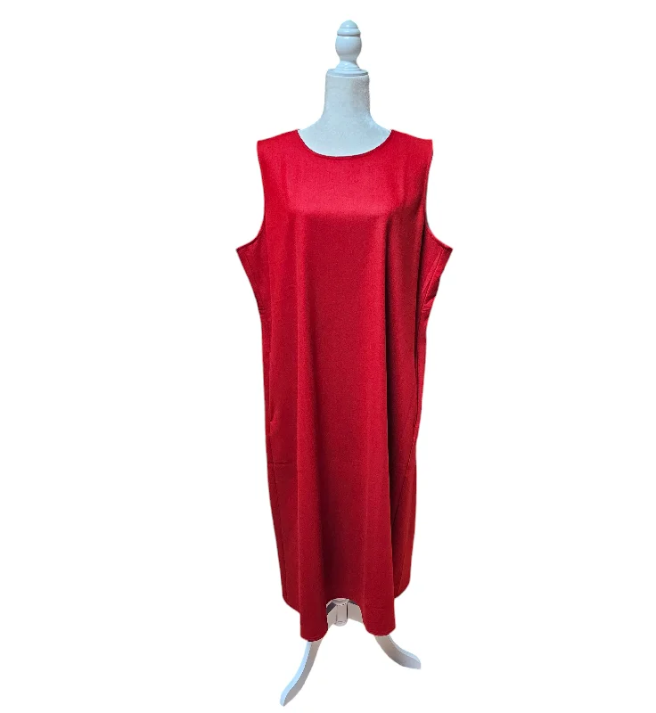 Eileen Fisher Red Wool Flannel Classic Shift Easy Fit Dress Crew Neck Pockets XL Metallic unclassified dresses