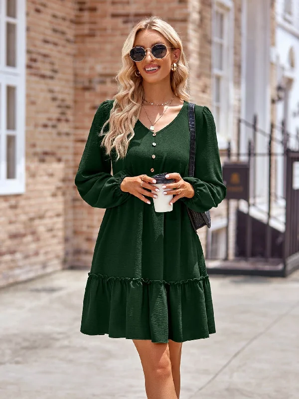 Frill Trim Buttoned V-Neck Puff Sleeve Dress Travel unclassified dresses