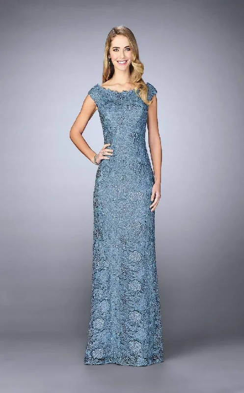 La Femme - 24860SC Floral Lace Bateau Neck Long Formal Dress Stretchy floral dresses