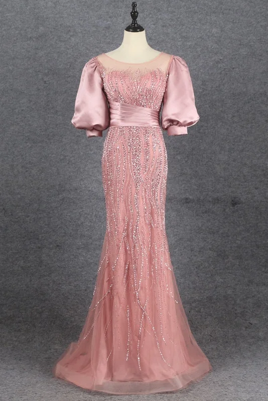 Pretty Pink Puff Sleeves Scoop Neck Mermaid Beading Prom Dress Y0369 Polka dot unclassified dresses