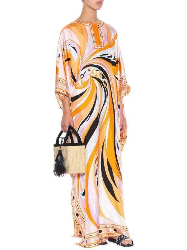 Printed Abstract Kaftan Dress in Orange and Multi Vacation floral dresses