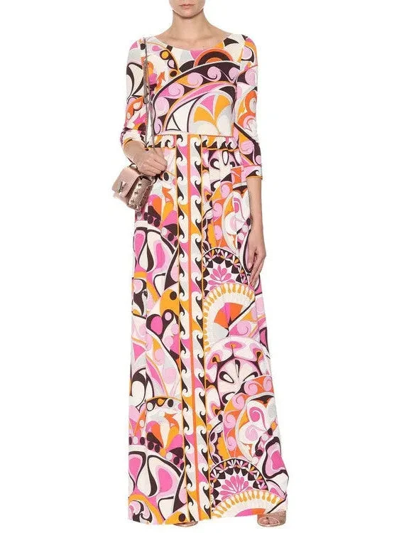 Printed Abstract Long Jersey Silk Dress in Multicolor Boho floral dresses