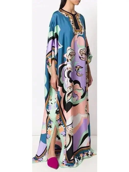 Printed Kaftan Silk Dress Ruffled floral dresses