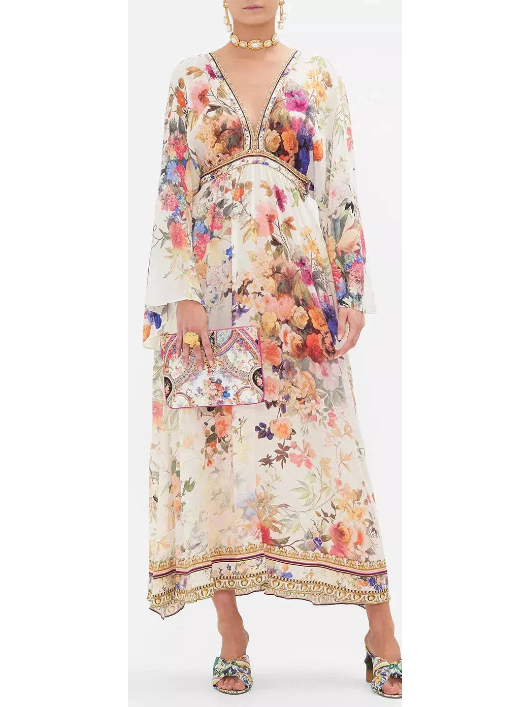 Printed Silk Gathered Kimono Dress Luxury floral dresses