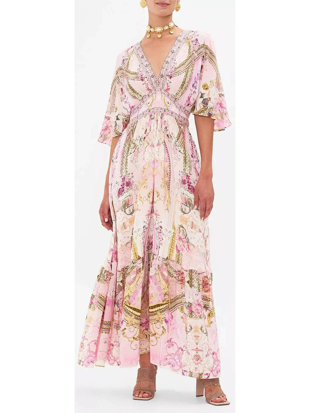 Printed Silk Long Fairytale Waisted Dress with Hem Ruffle Floral dresses under $50