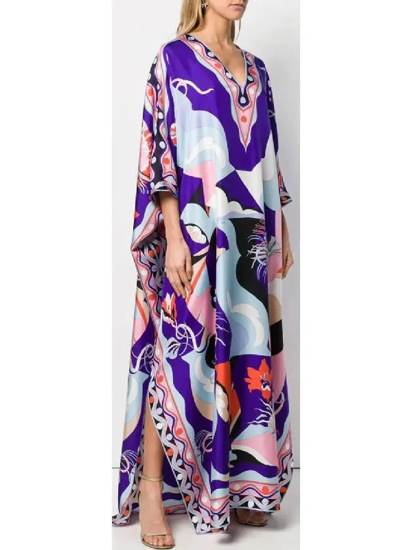 Printed Silk V-Neck Kaftan Dress Women's trendy floral dresses sale