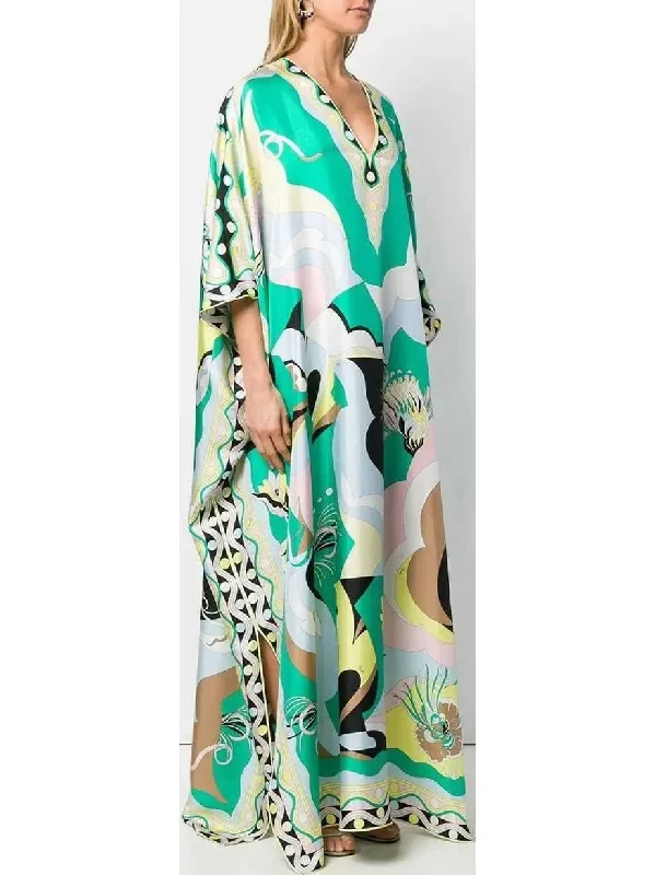 Printed Silk V-Neck Kaftan Dress Best floral dresses for casual outings