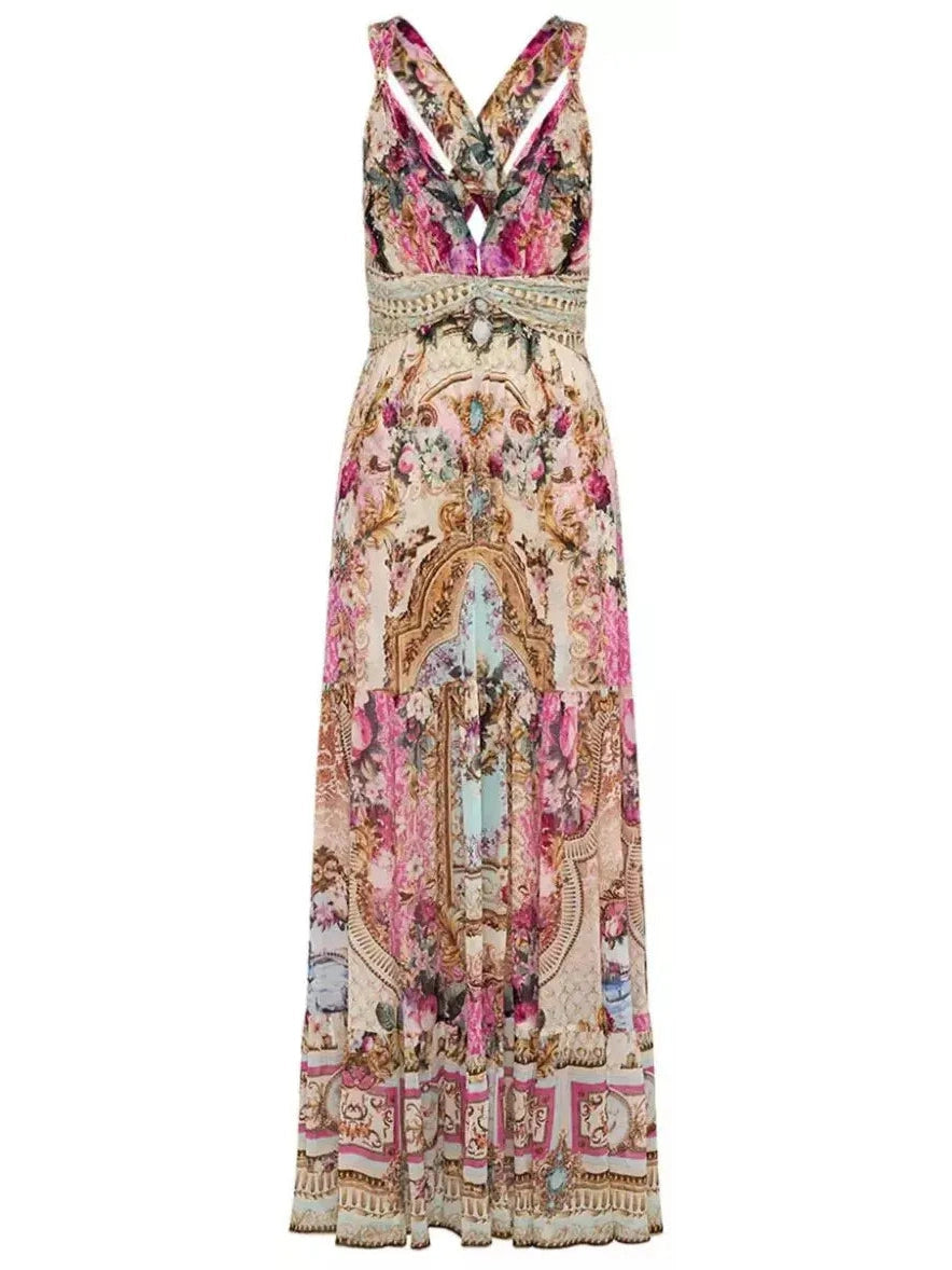 Printed Sleeveless Silk T Back Gathered Panel Dress Midi floral dresses