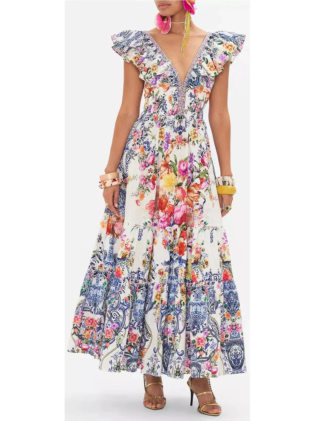 Printed Tiered Cotton Dress With Neck Frill Chiffon floral dresses