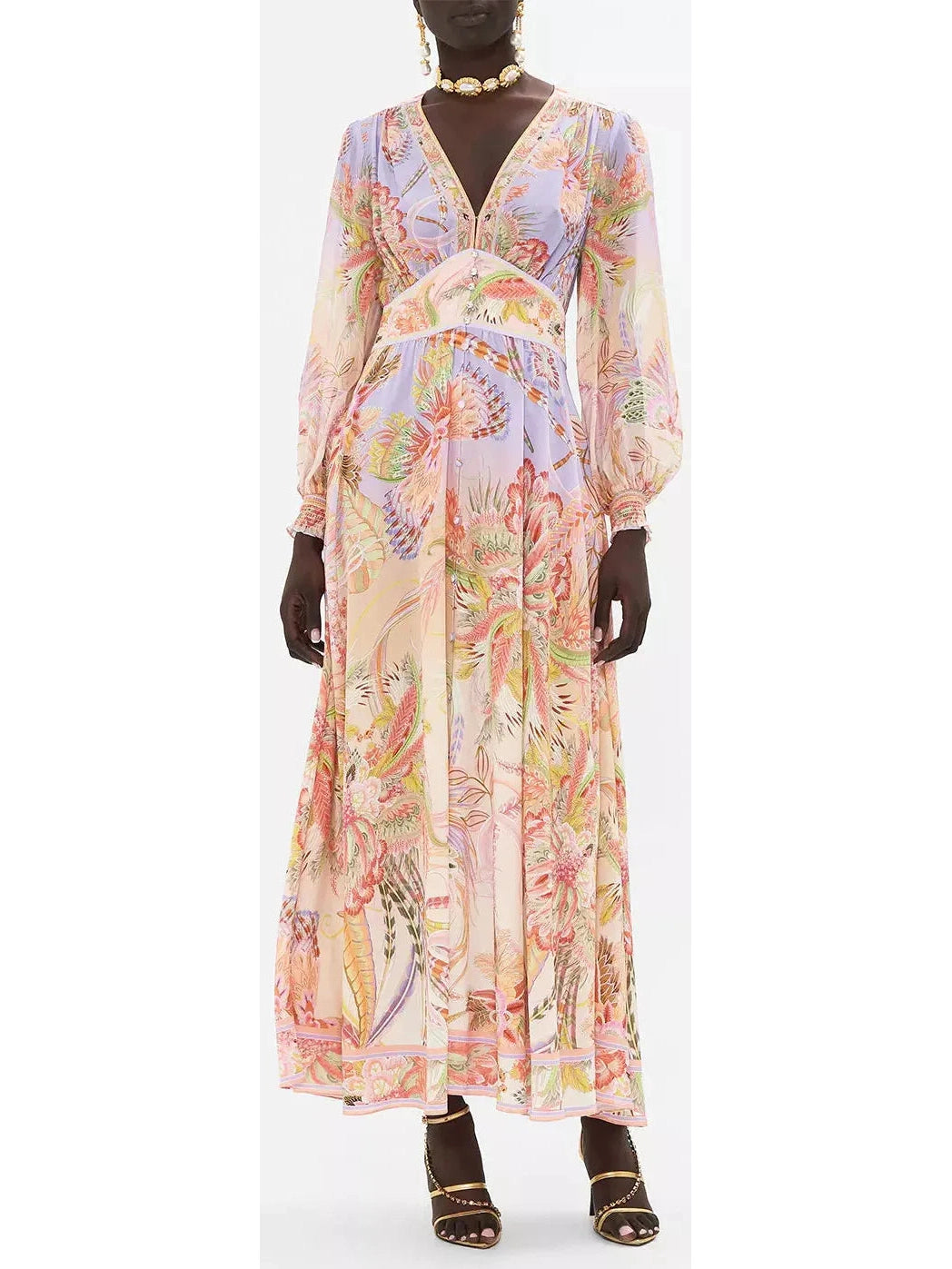 Printed V-Neck Button Dress with Shaped Waistband Lace floral dresses