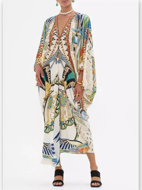 Printed V-Neck Kaftan Dress Office floral dresses