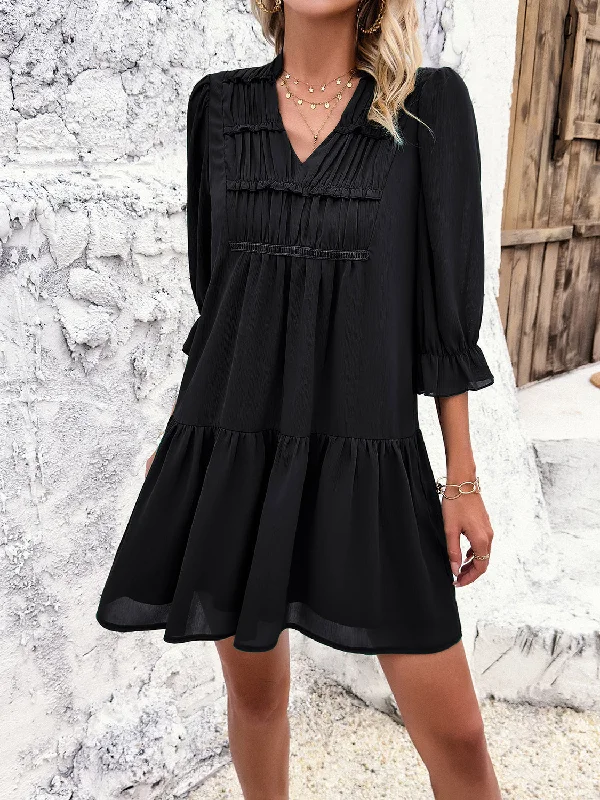 Ruched Notched Flounce Sleeve Dress Backless unclassified dresses