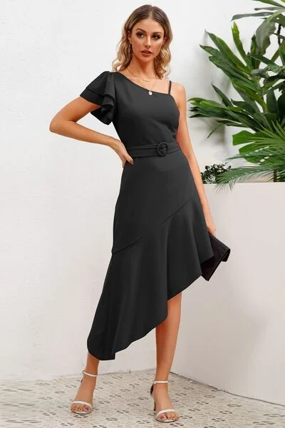 Ruffled Asymmetrical Neck Flutter Sleeve Dress Bright color unclassified dresses