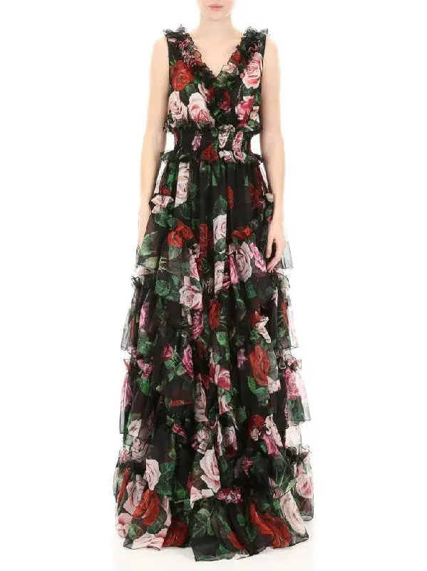 Ruffled Tiered Floral-Print Chiffon Gown In Black Wedding floral dresses