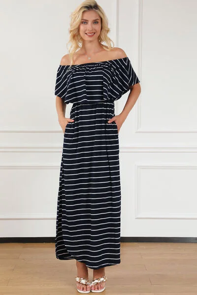 Striped Off-Shoulder Slit Dress Sleeveless unclassified dresses