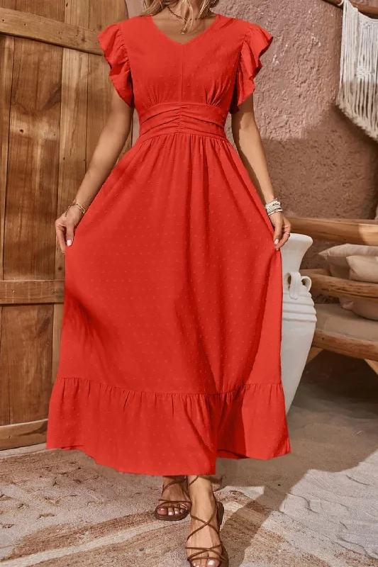 Swiss Dot V-Neck Flutter Sleeve Dress Women's unclassified dresses