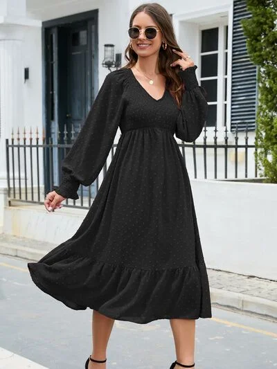 Swiss Dot V-Neck Smocked Lantern Sleeve Ruffle Hem Dress Long sleeve unclassified dresses