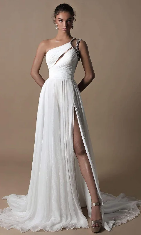 Tarik Ediz - 96087SC Grecian Inspired Asymmetric Flowy Gown Ruffled unclassified dresses