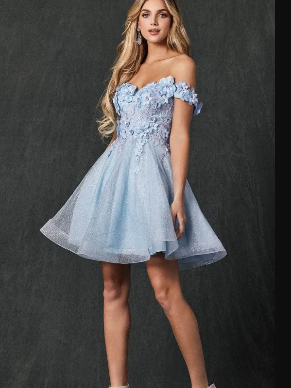 Tulle Off the Shoulder Light Blue Homecoming Dresses 2024 With 3D Floral Wedding guest floral dresses