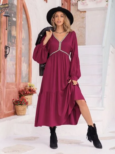 V-Neck Lantern Sleeve Ruffle Hem Dress Summer unclassified dresses