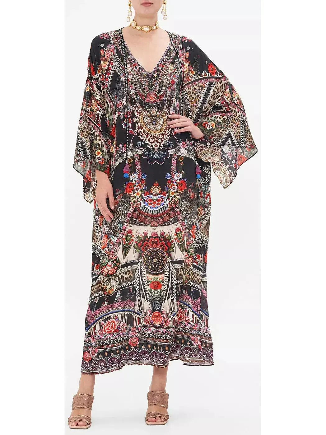 V-Neck Multicolor Printed Long Kaftan Dress Wedding guest floral dresses