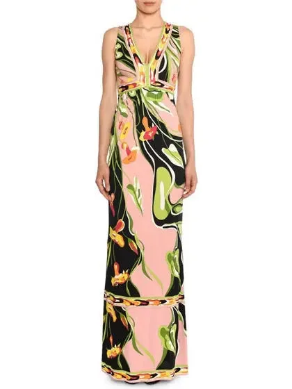 V-Neck Sleeveless Border Water Lily Print A-Line Dress Vacation floral dresses