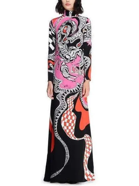 Zodiac Printed Long Jersey Silk High-Neck Dress-Multi Color Boohoo floral dresses