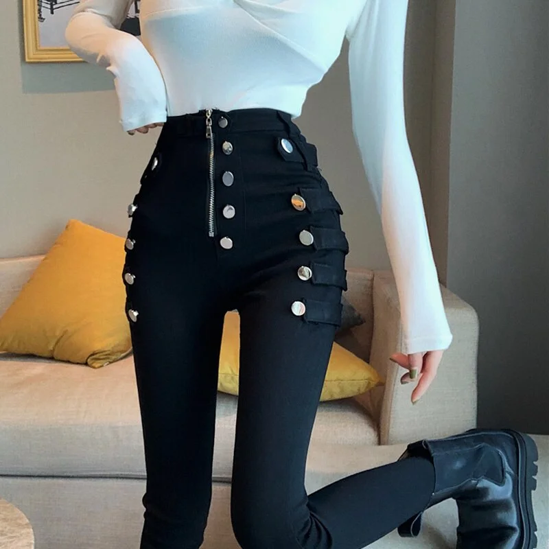 2022 Spring Autumn jeans Women Double Breasted Decoration high Waist Black Elastic Slim Casual Pencil Pants KZ886