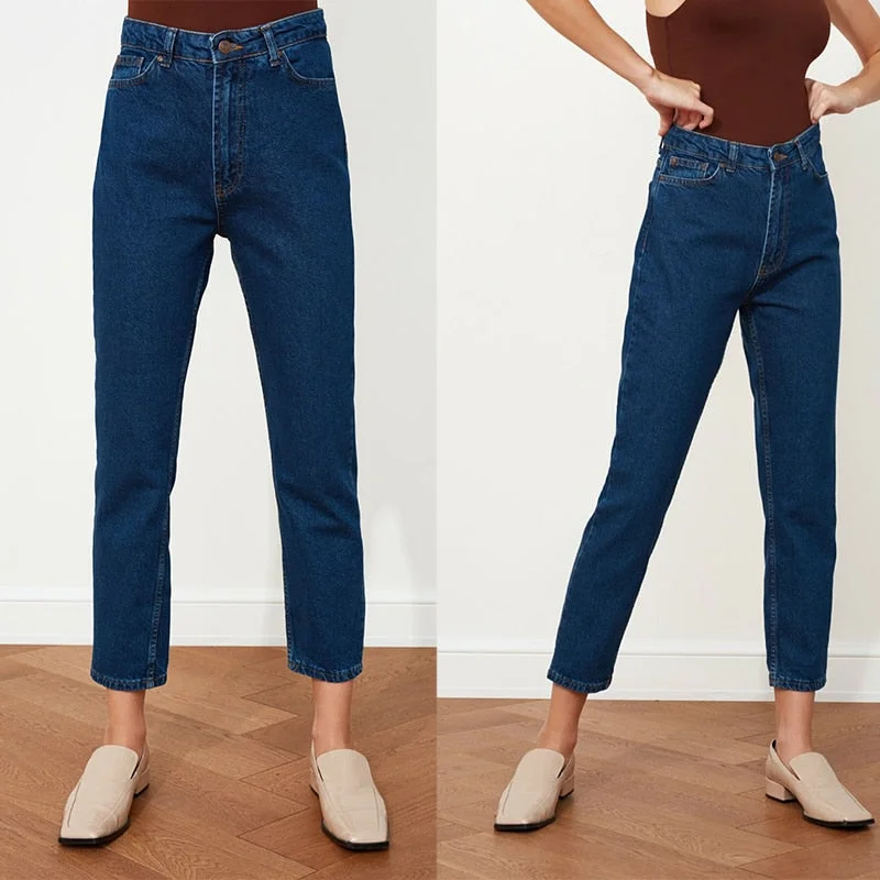 2022 Spring High Waist Mom Jeans Woman Fashionable Casual Straight Pants Indigo Blue Female Washed Denim Skinny Pencil