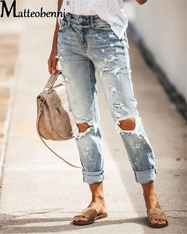 2022 Women Mid Waist Boyfriend Big Ripped Hole Jeans Casual High Street Denim Pants Sexy Vintage Pencil Calca Jeans