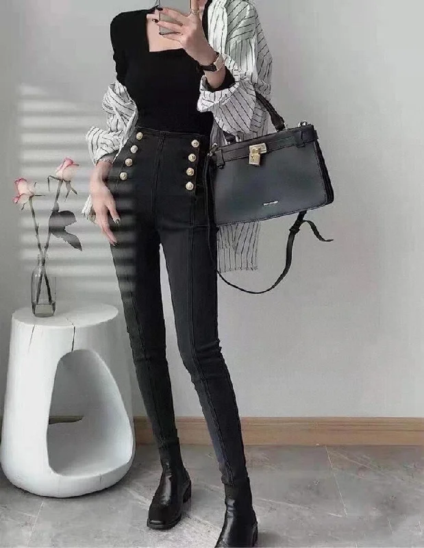 2022AW Autumn Casual Women Golden Button High Waist Denim Pants Trouse Female  Pencil Skinny Jeans 2 Color Gdnz 9.15