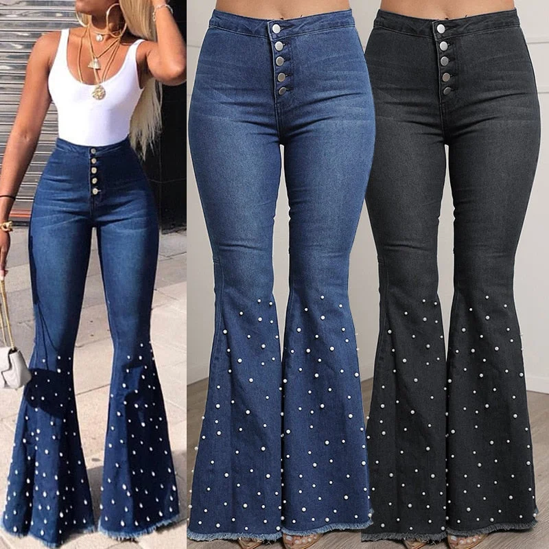 861 Jeans Women 2022 Summer Casual Unique Embroidered Flares Elastic Denim Pants Female Streetwear Button Trousers