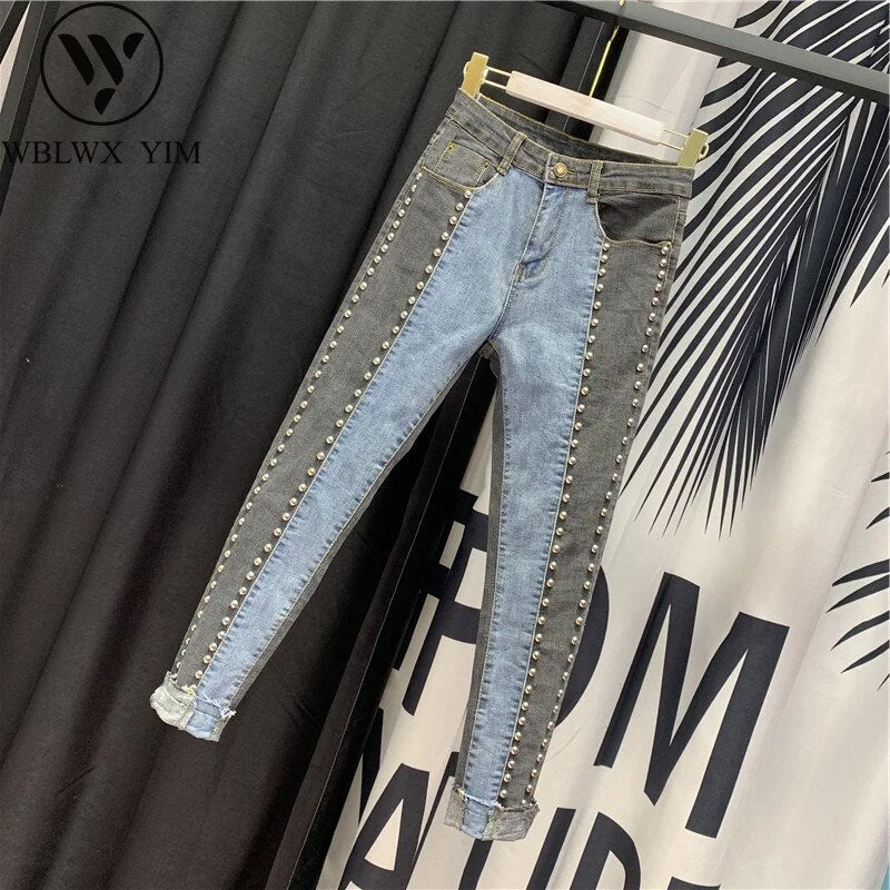 Autumn Patchwork Denim Pencil Women Pants Rivet Jeans Washed High waist Jeans Female Loose Jeans Casual Long Trousers