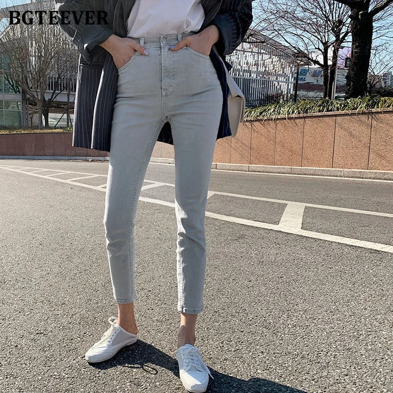 BGTEEVER 2022 Autumn Streetwear Female Skinny Jeans High Waist Gray Women Denim Pants Ladies Casual Chic Pencil Jeans