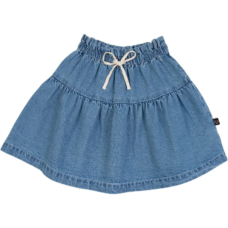 Drop Waist Denim Skirt in Mid Bleach Denim by Wynken Fitted Denim Skirt