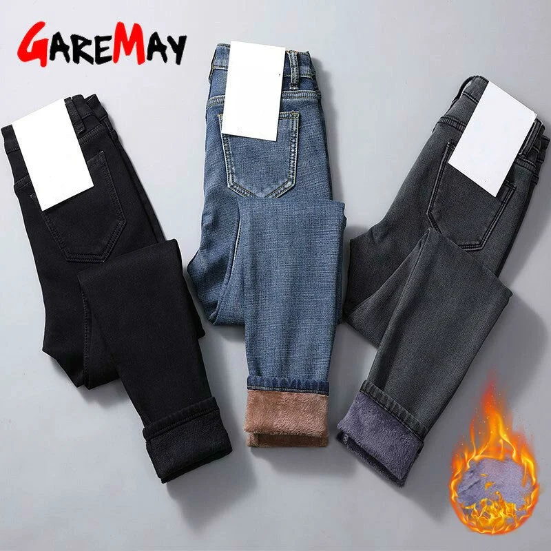 GareMay women's Winter black Jeans High Waist Skinny Pants Casual Velvet Trousers Female warm Denim jeans for Women pencil Pants