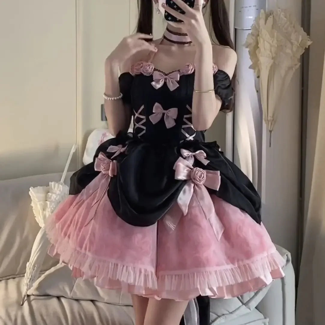 Girlary Japanese Black Pink Rose Color Blocked Off Shoulder Waist Fishbone Lace Lolita Dress Women Gothic Halloween Princess Dresses Lace Dress Trendy