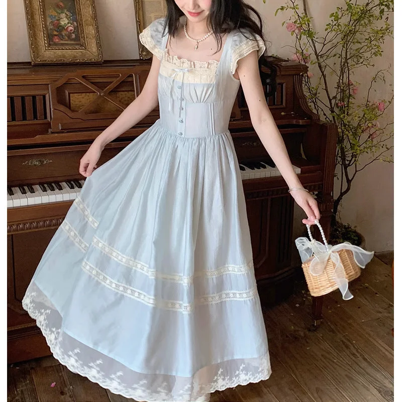 Girlary-shop alien invasion dress to impress 2024 Summer New French Retro Fairy Small Flying Sleeve Lace Bow Blue One-Piece Dress for Women Lace Dress Set