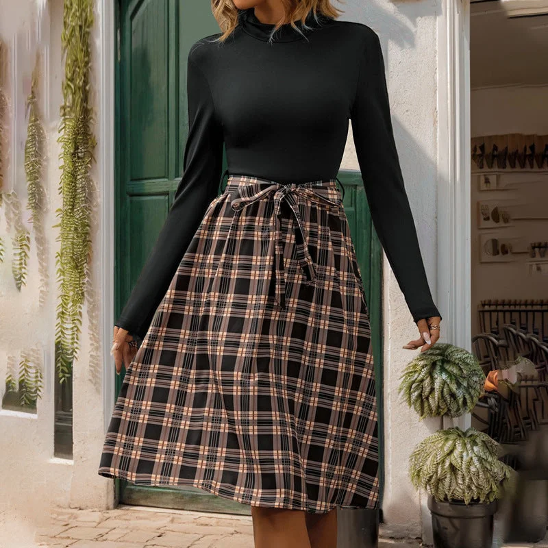 Girlary-shop outfit inspo fall 2024 Autumn and Winter New Stitching Skirt Slim Commuter Elegant Plaid Lace-up Dress Lace Dress Sleek