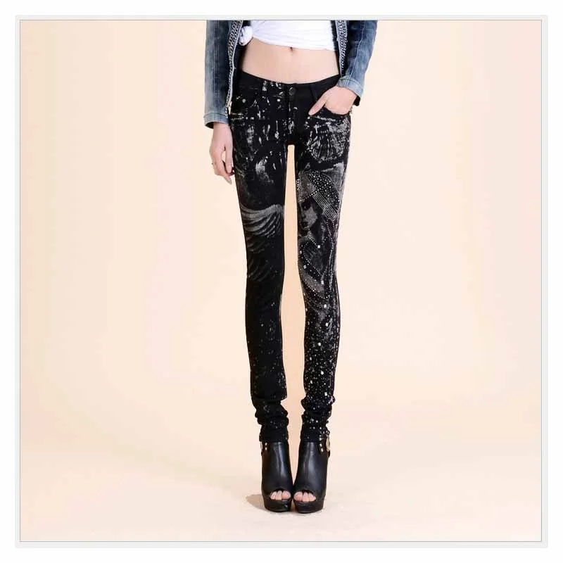 Good quality jeans woman Casual Black Pencil jean pants Girl drilling printing Pattern jeans Shiny Pencil Pants Elastic women